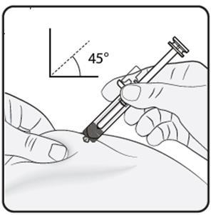 Mano che afferra una siringa inclinata a 45 gradi mentre l
