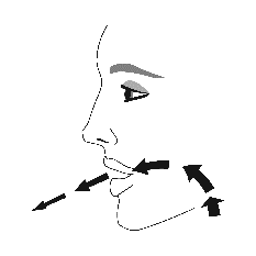 Profilo del viso con frecce nere che indicano la zona di applicazione del farmaco sotto la lingua e nella mucosa orale