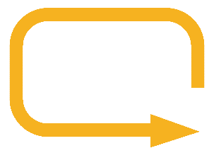 Freccia curva arancione che indica un percorso ciclico con la punta rivolta verso destra