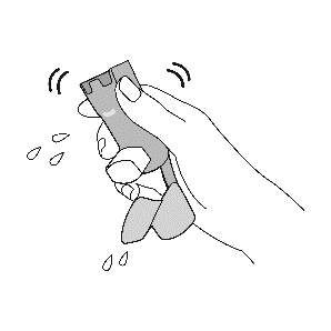 Mano che stringe un dispositivo autoiniettante con gocce sparse attorno e indicazione di pressione