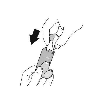 Mano che afferra un dispositivo autoiniettante con freccia nera indicante la pressione sul pulsante