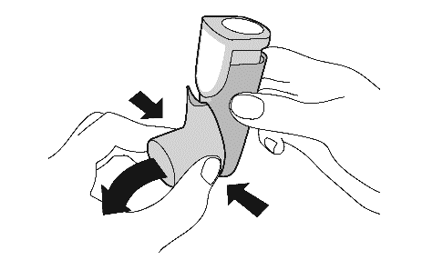 Dispositivo autoiniettante grigio e bianco tenuto da una mano con frecce nere che indicano la pressione e il rilascio