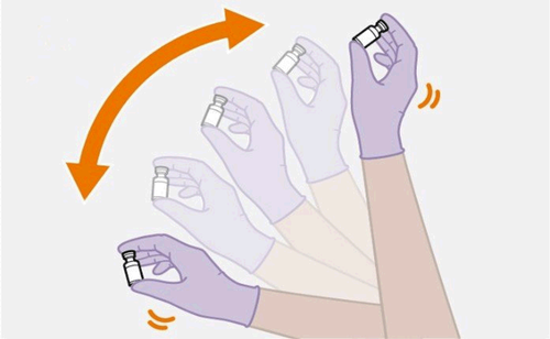 Mano con guanto viola che ruota e mostra fiale di medicinale in diverse posizioni con freccia arancione che indica il movimento