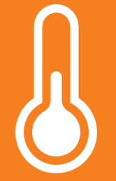 Termometro stilizzato bianco su sfondo arancione con bulbo arrotondato e indicazione della temperatura assente