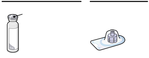 Fiala di vetro con tappo e ago nero accanto a un cerotto adesivo con dispositivo di iniezione integrato