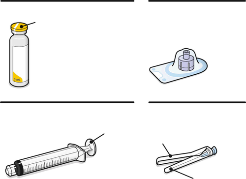 Fiala da 3ml con tappo giallo, ago con protezione, siringa graduata e due aghi in blister trasparente
