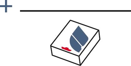 Confezione di farmaco bianca con logo blu a forma di foglia stilizzata e una macchia rossa in basso