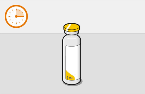 Fiala di medicinale con tappo giallo e etichetta bianca, indicazione di volume 3ml e orologio con lancetta arancione