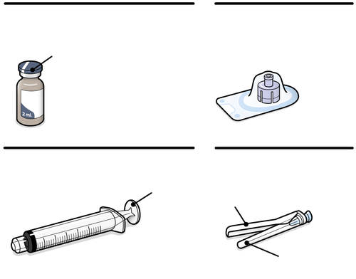 Fiala di medicinale, ago con cappuccio protettivo, siringa graduata e due aghi smussati con confezione aperta