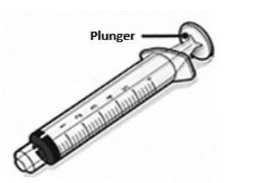 Siringa trasparente con stantuffo nero e indicazioni di misurazione laterali, etichettata con la scritta