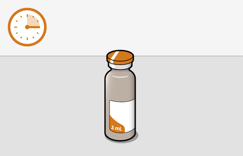 Fiala di medicinale marrone con tappo arancione ed etichetta bianca con scritta 3 ml, accanto un orologio che indica l