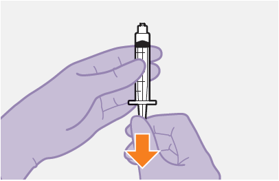 Mano che tiene una siringa preriempita con ago rivolto verso il basso e freccia arancione che indica la direzione dell