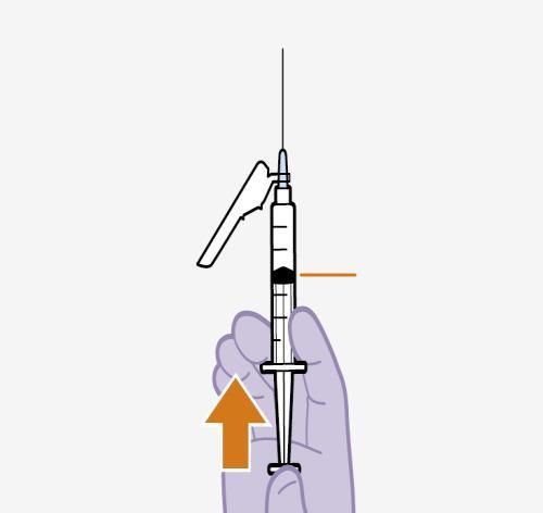 Mano con guanto che tiene una siringa prerafillata, ago rivolto verso l