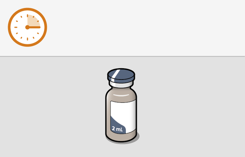 Fiala di medicinale marrone con tappo blu e etichetta bianca indicante 2 ml su sfondo grigio chiaro