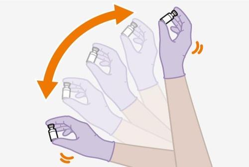 Mano con guanto viola che ruota flaconcini di medicinale, freccia arancione indica movimento rotatorio e segni di virgolette vicino al polso