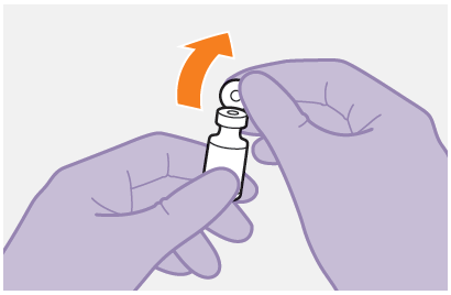 Mani con guanti viola che tengono e ruotano un flaconcino di vetro trasparente con tappo blu e freccia arancione indicante la rotazione