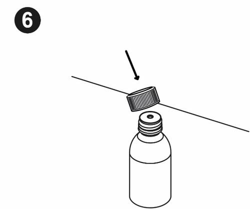 Fiala medicinale con tappo avvitato e freccia che indica la sua rimozione per l