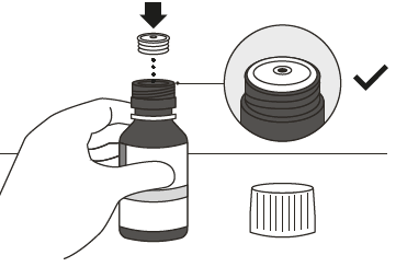 Mano che tiene un flacone marrone con tappo a vite, dettaglio ingrandito del tappo e del sigillo da rimuovere