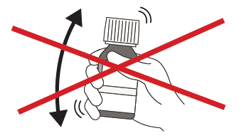 Flacone medicinale tenuto da una mano con croci rosse sovrapposte e frecce curve che indicano divieto di agitazione