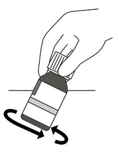 Mano che svita il tappo di un flacone medicinale scuro con etichetta bianca e frecce curve che indicano il movimento