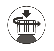 Fiala con stantuffo grigio e freccia curva che indica la rotazione e una freccia dritta verso il basso