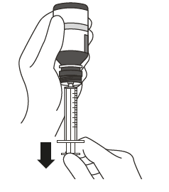 Mano che estrae farmaco liquido da un flaconcino con una siringa trasparente graduata freccia nera indica direzione