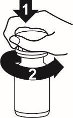 Mano che svita il tappo di un flacone medicinale con freccia curva indicante la rotazione e numero 2 in cerchio nero