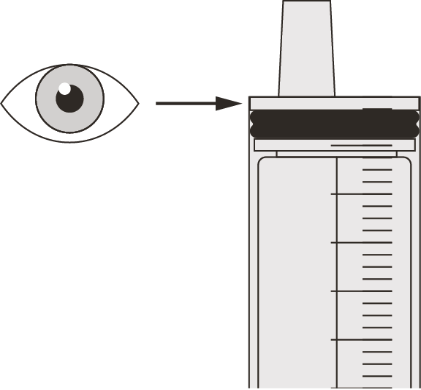 Occhio stilizzato che guarda una siringa graduata con stantuffo nero e freccia che indica la direzione dello sguardo