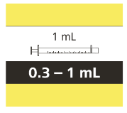 Siringa graduata gialla con indicazioni da 0.3 a 1 mL e volume totale di 1 mL indicato
