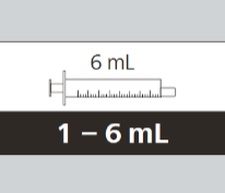 Siringa graduata da 1 a 6 ml con indicazione del volume massimo di 6 ml e scala graduata visibile