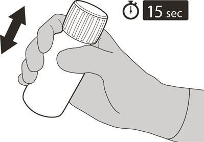 Mano che stringe un flacone medicinale bianco con tappo a vite e freccia che indica movimento su e giù vicino a un timer impostato a 15 secondi