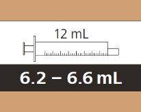 Siringa trasparente con indicazioni di volume 12 ml e intervallo 6.2-6.6 ml su sfondo bicolore marrone e nero
