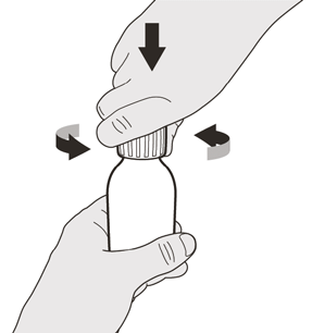 Mani che svitano il tappo di un flacone medicinale con frecce curve che indicano il movimento rotatorio