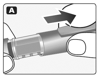 Siringa preriempita con indicatore di dose e dito che preme il pistone per l