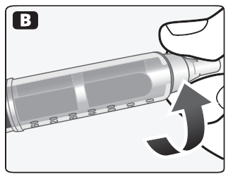 Siringa trasparente con scala graduata da 0 a 100 unit&agrave; tenuta da una mano che ruota il pistone verso destra