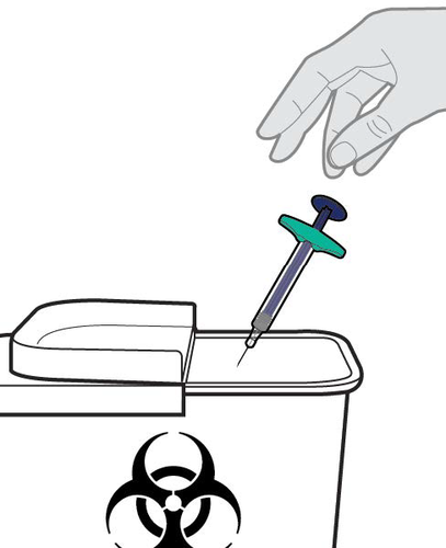 Mano che guida una siringa con ago verso un contenitore per rifiuti speciali con simbolo biohazard nero su sfondo bianco