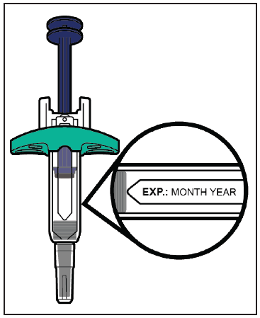 Dispositivo di iniezione autoiniettante con ago visibile e ingrandimento che mostra la sezione trasversale del meccanismo interno