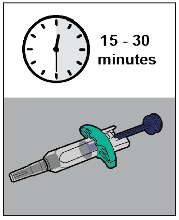 Siringa pre-riempita con meccanismo di sicurezza verde e orologio che indica 15-30 minuti tempo di attesa