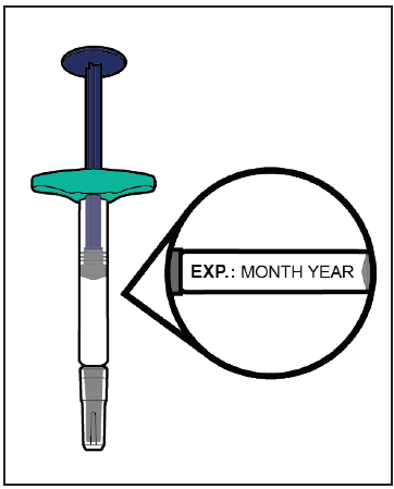 Siringa preriempita con stantuffo blu e cappuccio protettivo verde, evidenziata da un cerchio con indicazione data di scadenza