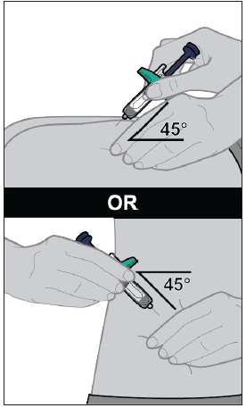 Mano che tiene una siringa prera mpita con ago inserito nel braccio a 45 gradi indicati da un angolo