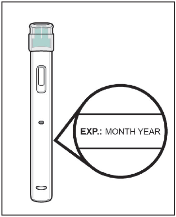 Penna iniettabile bianca con indicatore e data di scadenza evidenziata in un cerchio con freccia