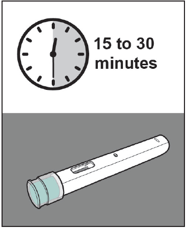 Orologio che indica le 15 e 30 minuti sopra una penna autoiniettabile blu e bianca su sfondo grigio