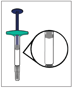 Siringa pre-riempita con stantuffo visibile e ingrandimento del cilindro trasparente con gommino terminale