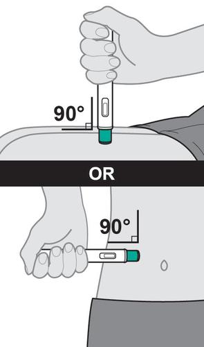 Mano che tiene una penna per iniezione ad angolo retto sulla pelle, con indicazione di 90&deg; e opzione di iniezione alternativa