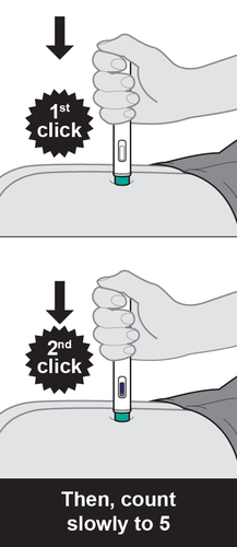 Mano che utilizza un dispositivo medico iniettabile con due fasi indicate da frecce e conteggio da 1 a 5