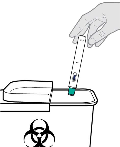 Penna per iniezione automatica con ago esposto sopra un contenitore per rifiuti speciali con simbolo di rischio biologico