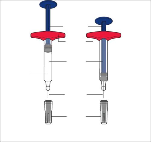 Due penne per iniezione preriempionate con ago protetto, una con cappuccio e l