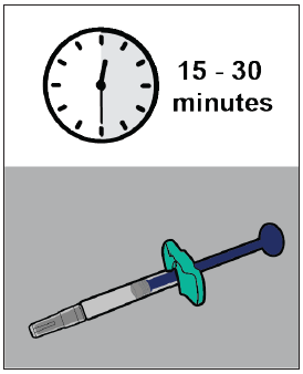 Orologio che indica le 15:00 con la dicitura 15-30 minuti e siringa precompilata blu e verde su sfondo grigio
