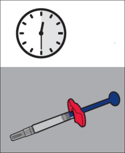 Orologio con lancetta che indica le 10 e siringa precompilata blu con ago rosso su sfondo grigio