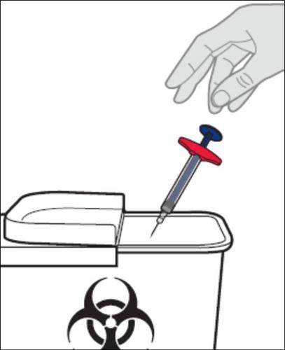 Siringa con ago che viene inserito in un contenitore per rifiuti speciali con simbolo biohazard rosso